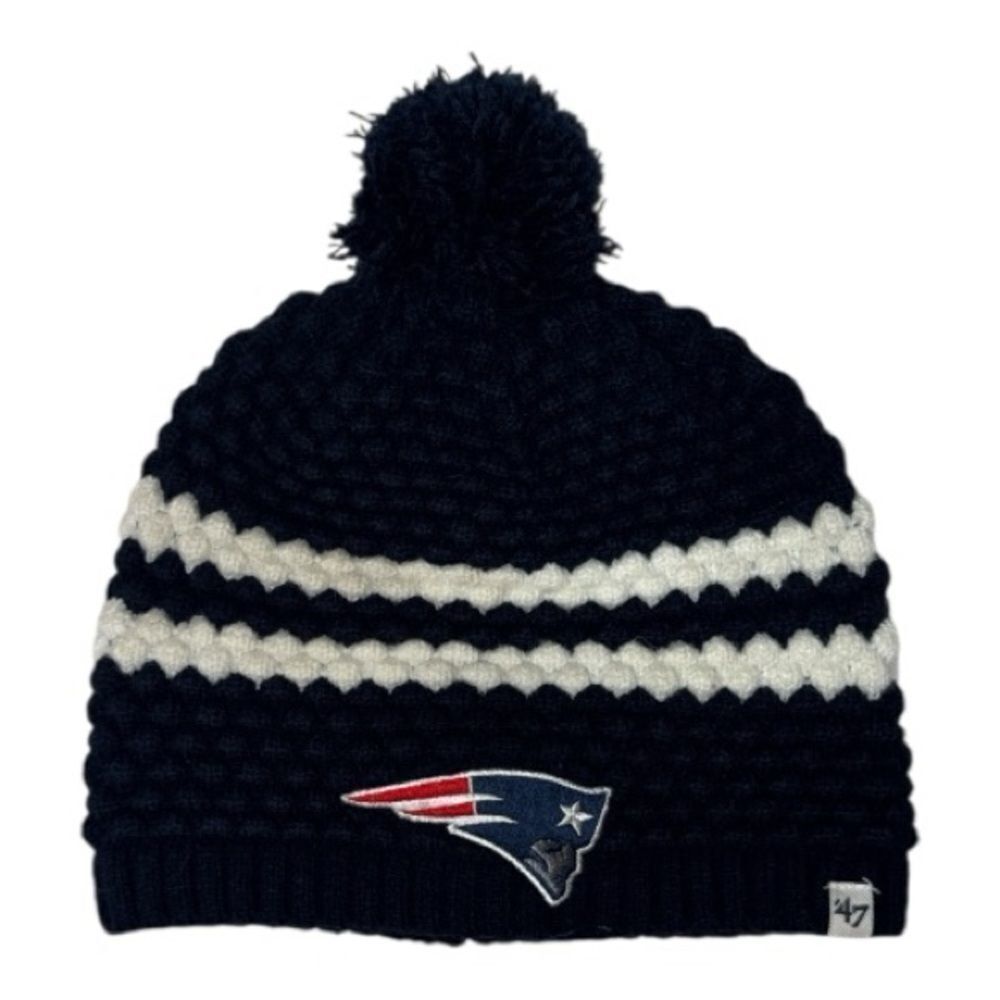 47 Brand Patriots Navy and White Cable Knit Beanie Pom‎ Pom Hat.